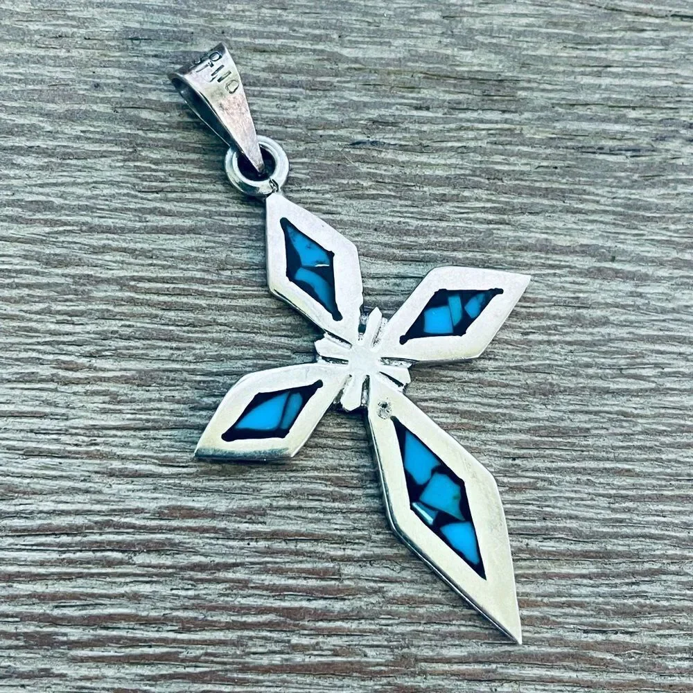 Silver Turquoise Southwest Aztec Mexico Cross Pendant